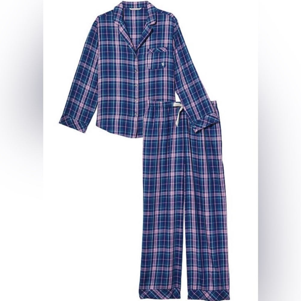 Victoria's Secret Blue Plaid Button Up Top Long Pants Pajama Set Women Large EUC